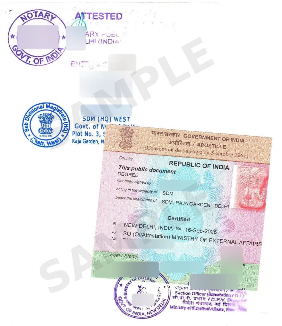 The back of an attested degree certificate with a notary seal, an SDM seal and the MEA sticker and seal. Names and numbers are hidden.